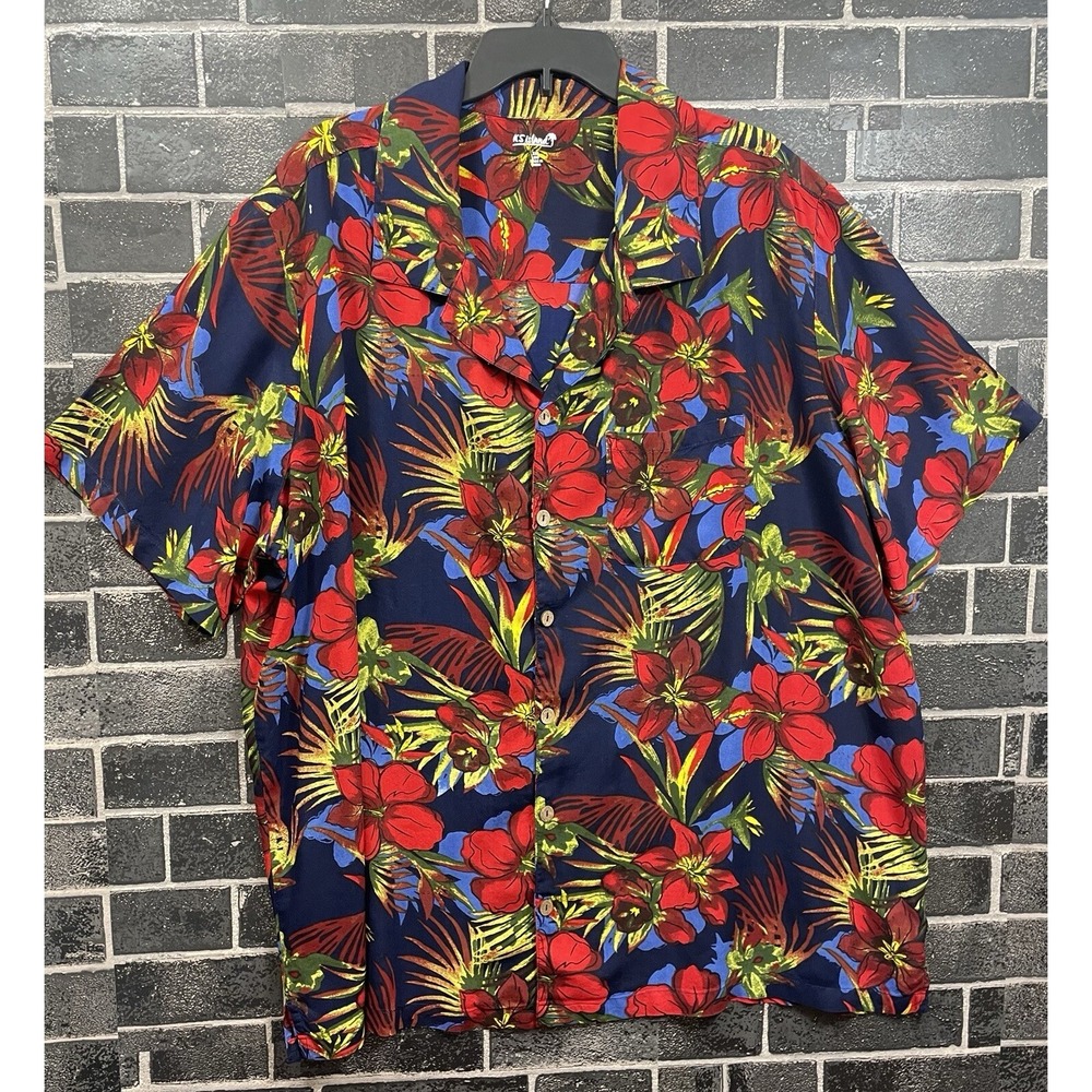 KS Island Men Hawaiian Button‎ Up Shirt 3XL Red BluePalm Leaf Print W/POCKET!!